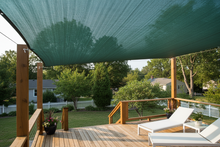 Load image into Gallery viewer, Outdoor deck with green shade sail, lounge chairs, and potted plants.